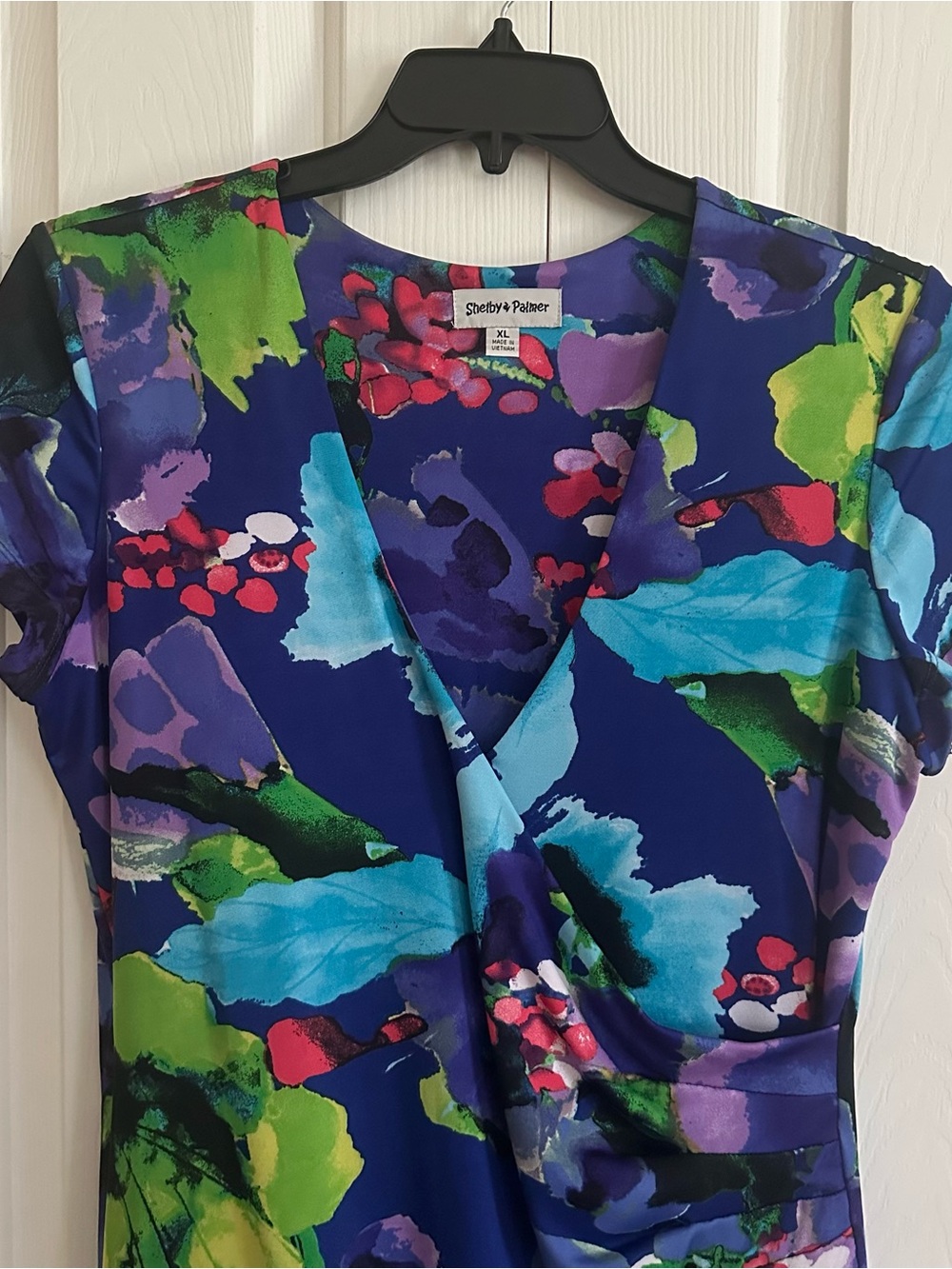 Shelby & Palmer Dress Purple Pink Blue Floral Cap Sleeve Faux Wrap Ruched XL - Picture 4 of 15